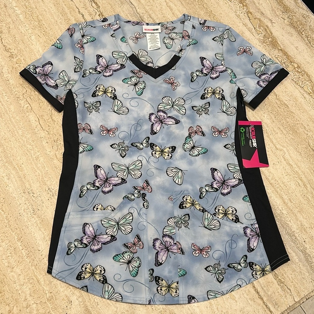 NWT Scrubstar Women's V-Neck Print Scrub Top butterfly size XS